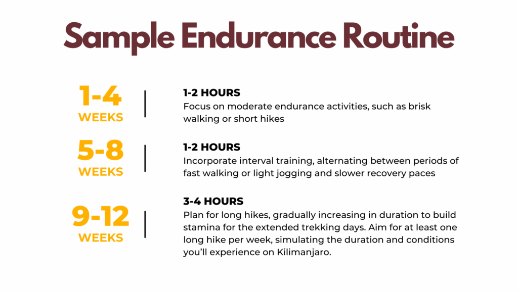 Sample Endurance Routine Weekly endurance routine for climbing Kilimanjaro